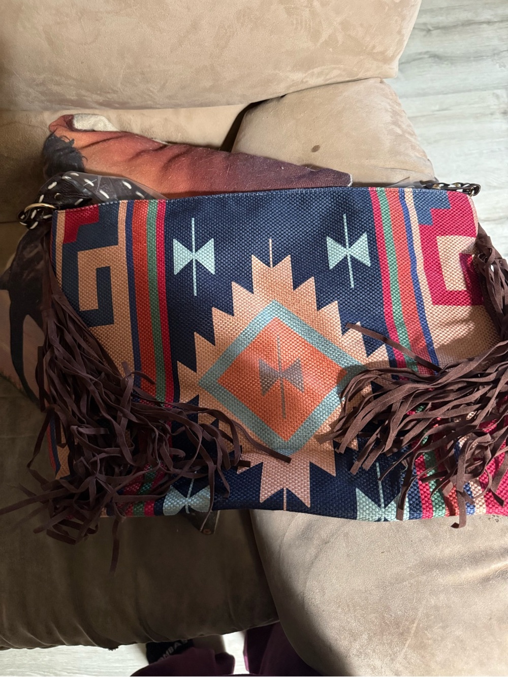 Boho Fringe Aztec Print Crossbody Bag - Navy & Brown